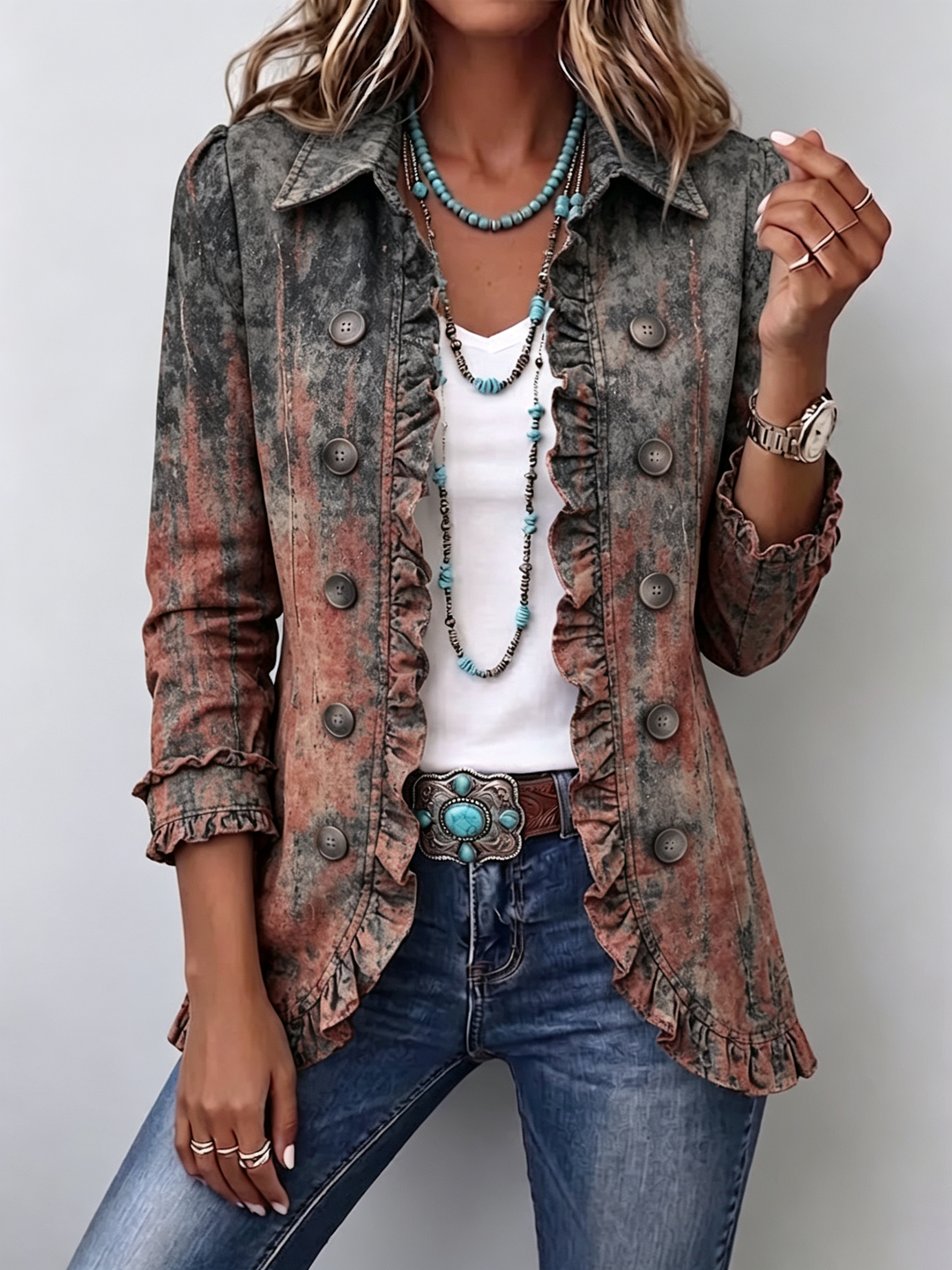 Strukturierte Jacke mit Farbverlauf und Volants – Produktbild