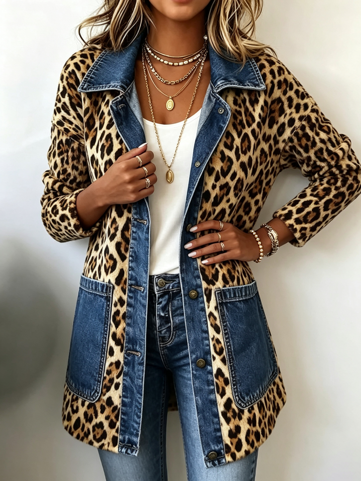 Lange Leopardenjacke mit blauen Kontrastdetails – Produktbild