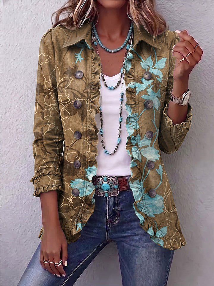 Florale Jacke in Oliv und Türkis mit Volants – Produktbild