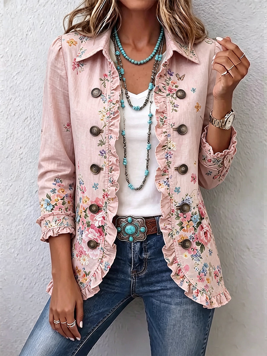 Rosa Blumenjacke mit Volants und Knöpfen – Produktbild