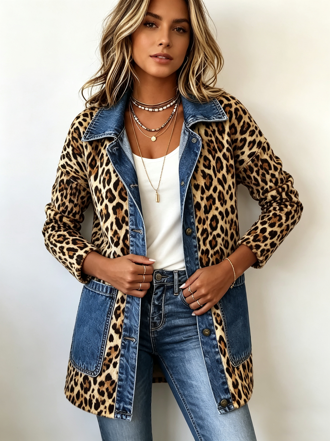 Lange Leopardenjacke mit blauen Kontrastdetails – Produktbild 3