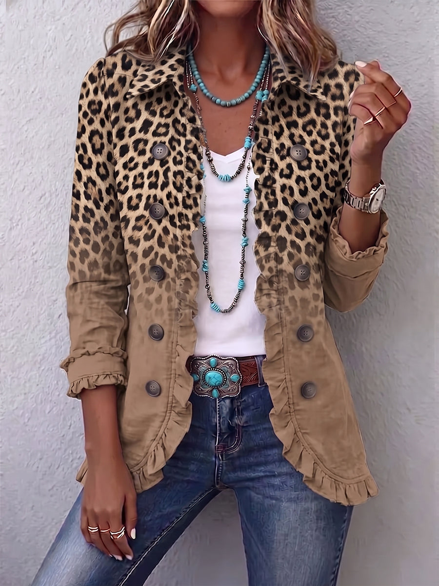 Braune Leopardenjacke mit Farbverlauf und Volants – Produktbild