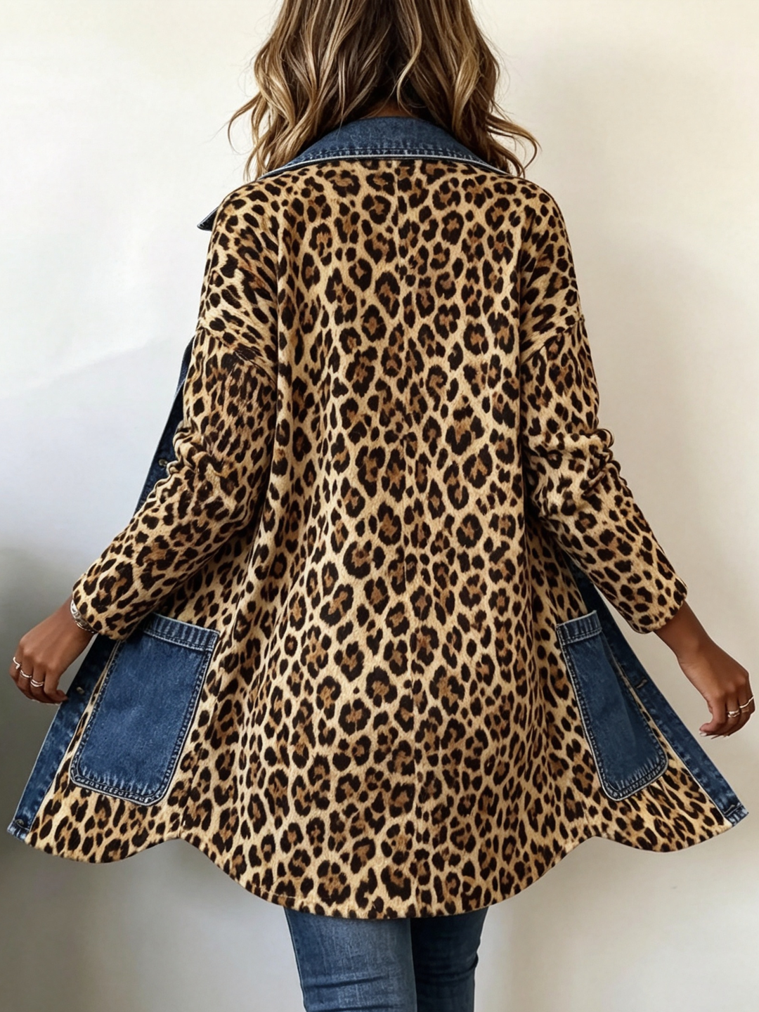 Lange Leopardenjacke mit blauen Kontrastdetails – Produktbild 4