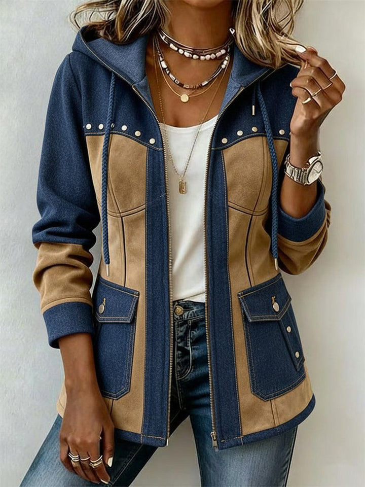 Zweifarbige Kapuzenjacke in Marineblau und Camel – Produktbild