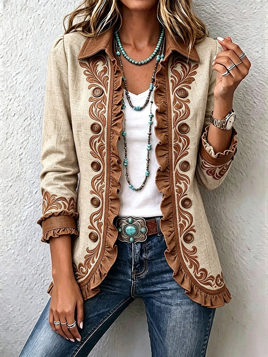 Offene Jacke mit floraler Stickerei und Volants – Produktbild