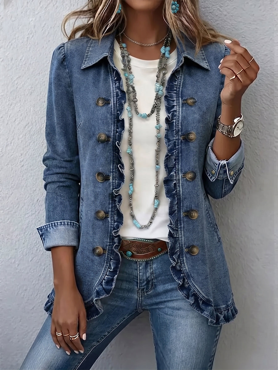 Taillierte Rüschenjacke in Mittelblau – Produktbild