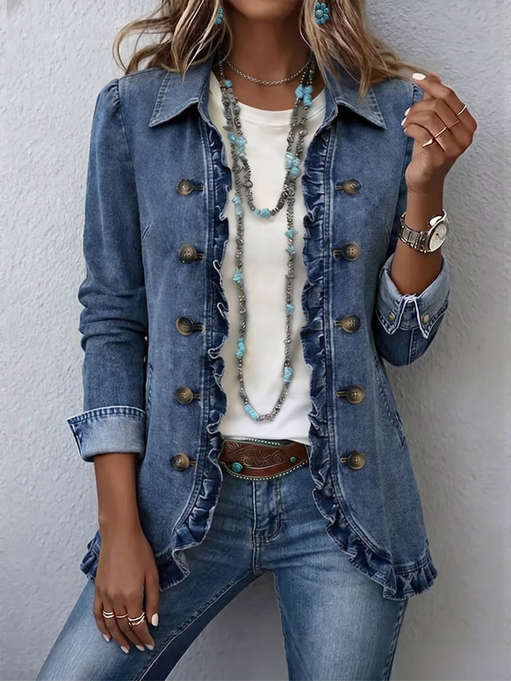 Taillierte Rüschenjacke in Mittelblau – Produktbild