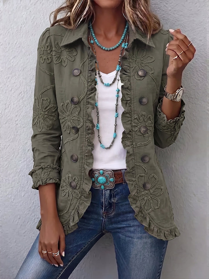Jacke in Retro-Grün mit feiner Blumenstickerei – Produktbild