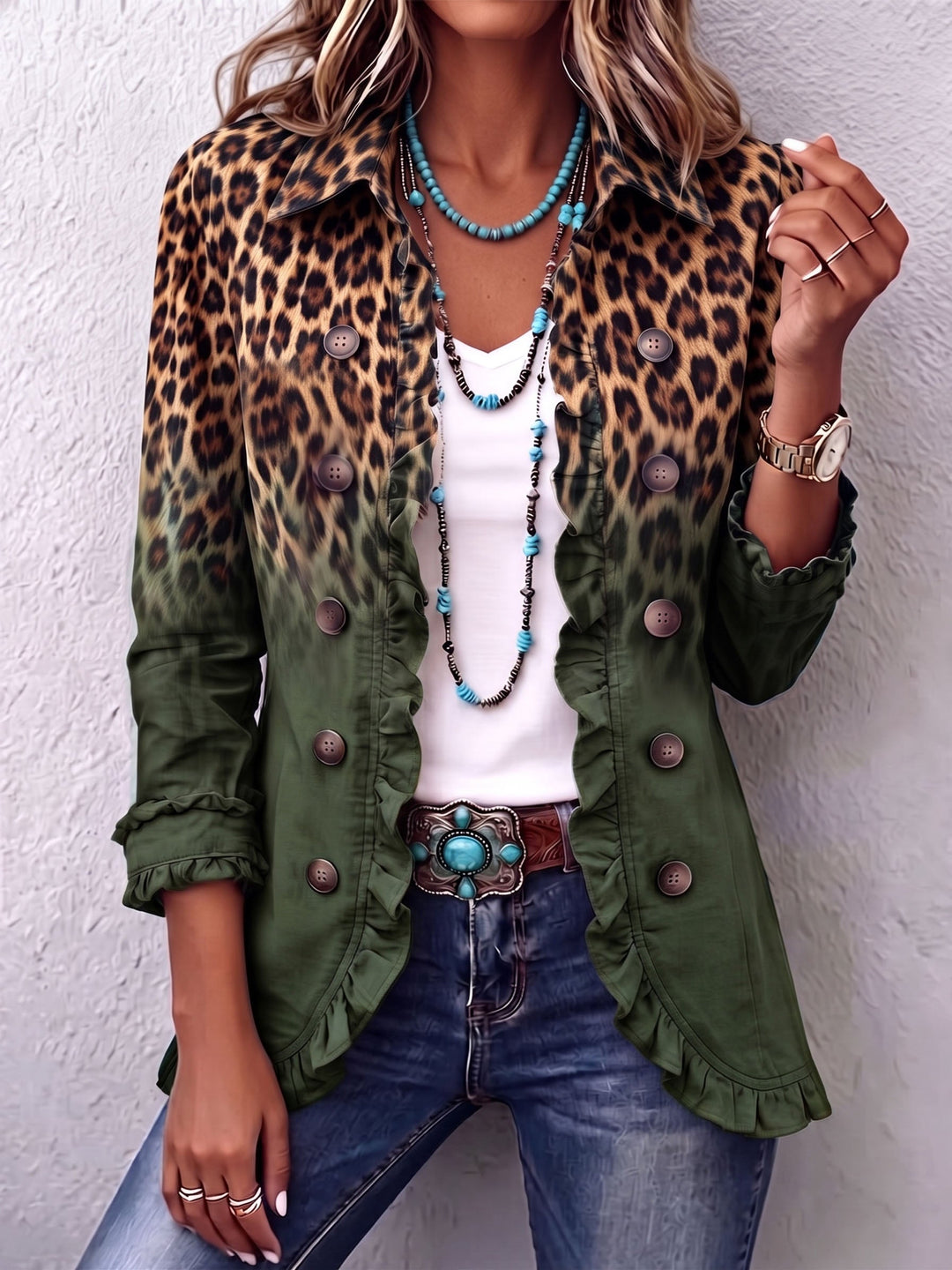 Olivgrüner Leoparden-Blazer mit Volants – Produktbild