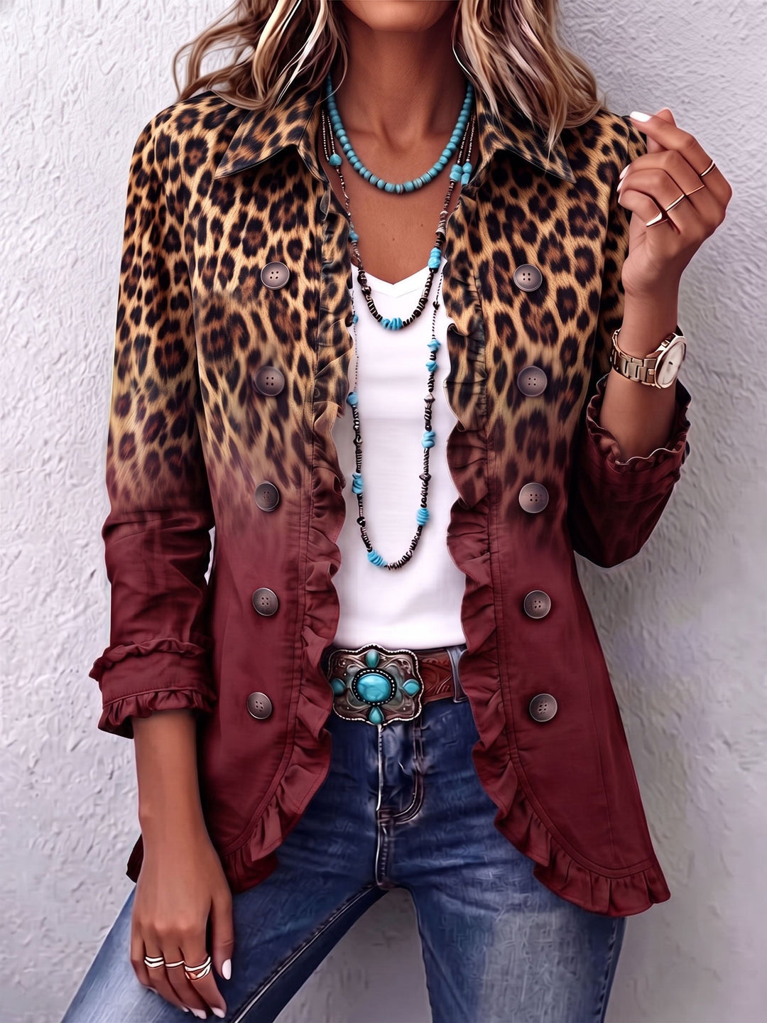 Bordeauxfarbener Leoparden-Blazer mit Volants – Produktbild