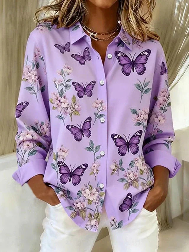 Damen Bluse mit Schmetterlings- und Blumenmuster